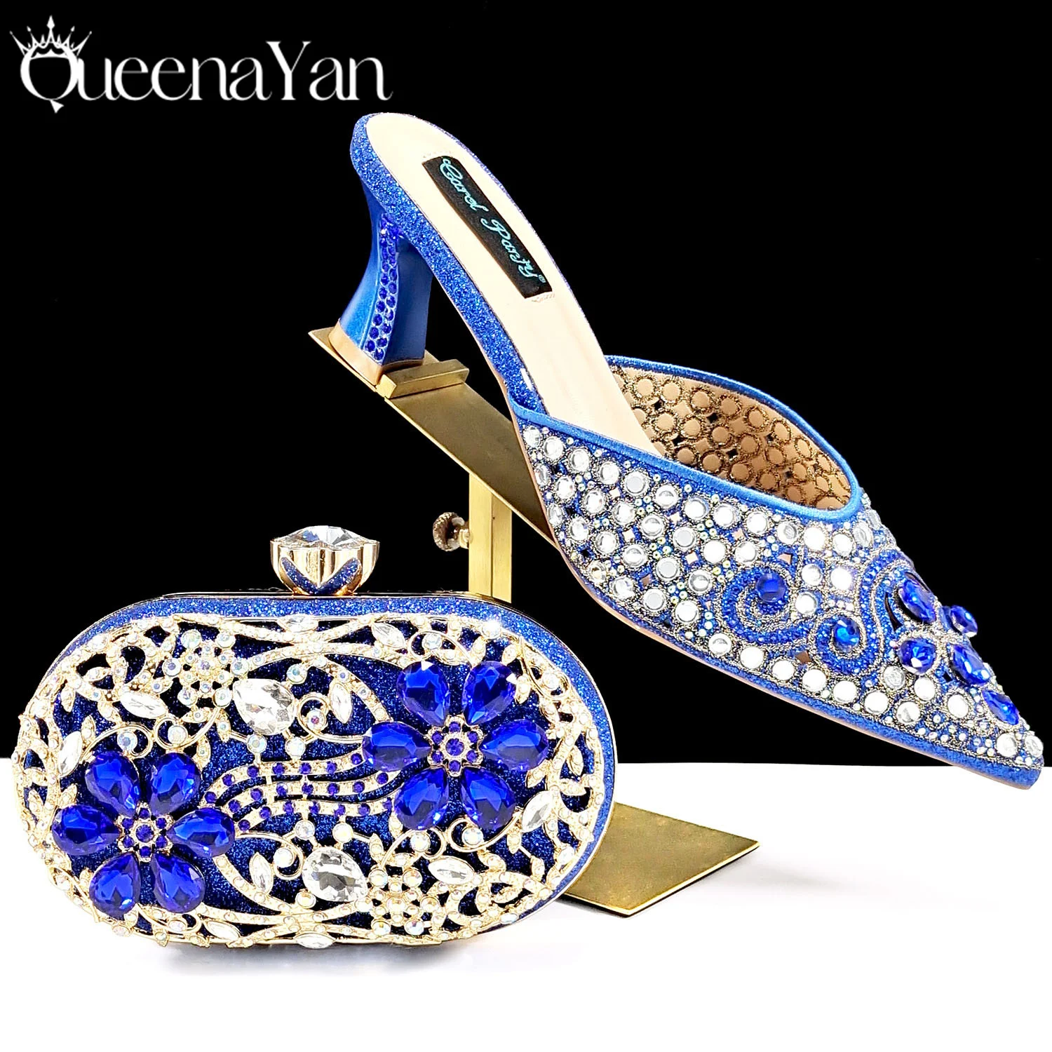 QUEENA YAN 2025 INS FANTATIC BLUE Rhinestone-encrusted Sex Ladies Shoes / MATCHING  SPARKING MINI BAG (SPECIAL COLLECTION)