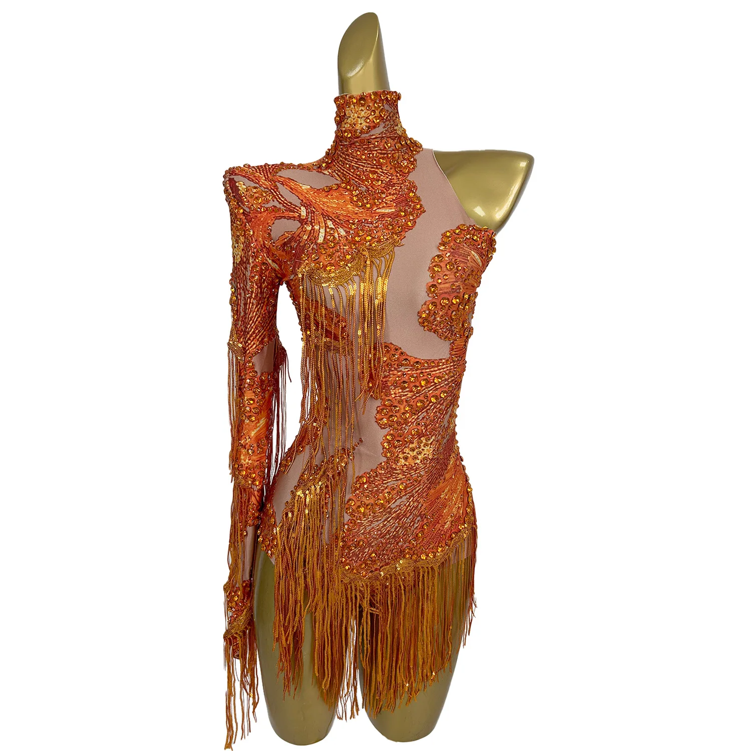 Sequins One shoulder Spandex Tassel Bodysuit for Women Stage Performance Costume Club Party Dance Bodysuit Showgirl Sexy Wear