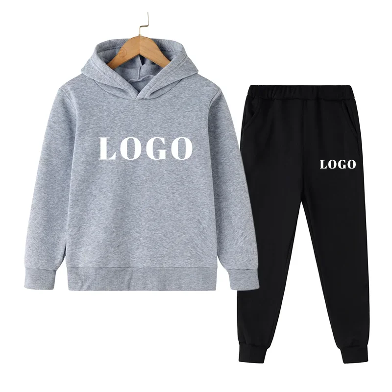 Custom Logo Kids Tracksuit Brand Hoodies and Pants Boy and Girls 2 Pieces Set Fleece Solid Color Long Sleeve Casual Outfits