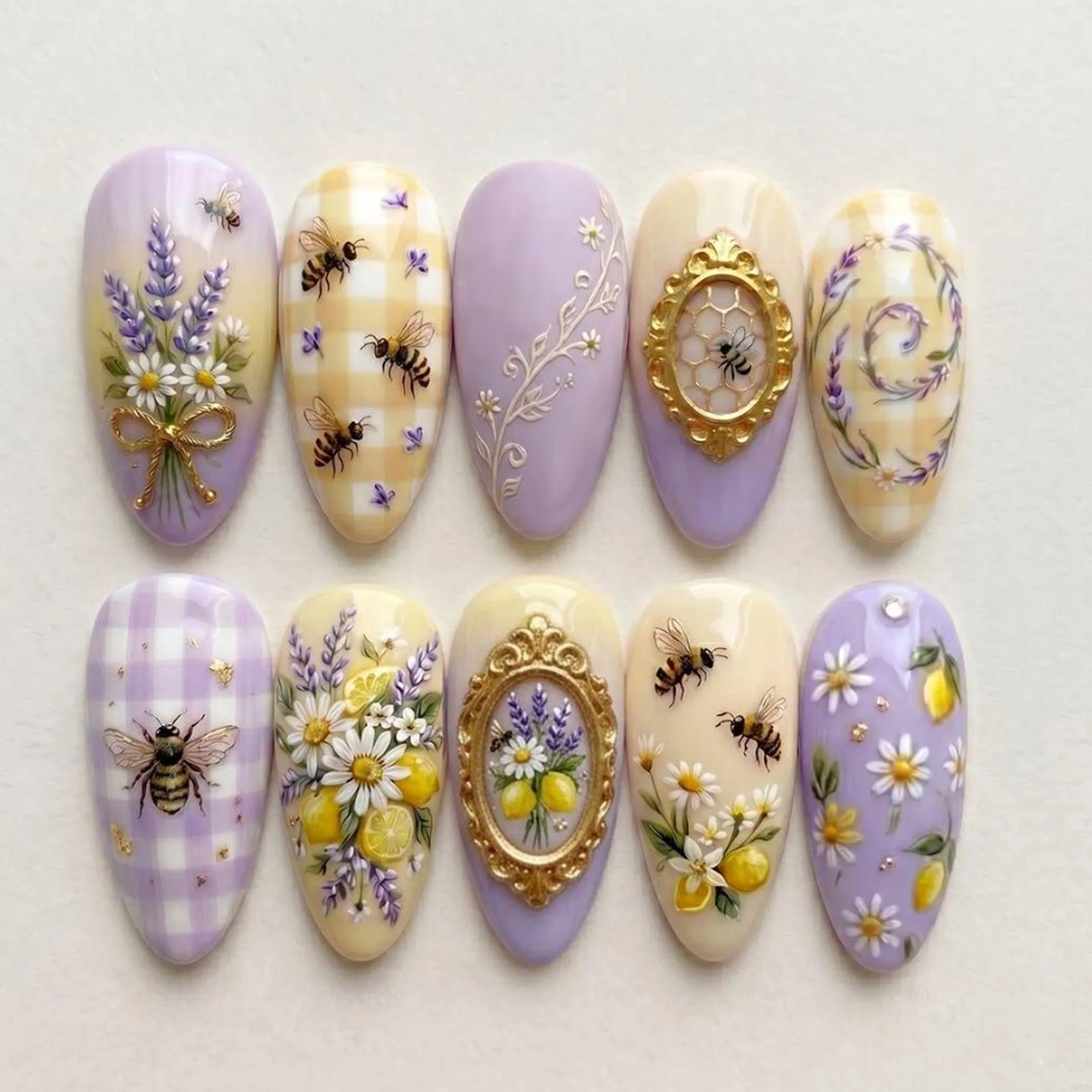 24Pcs Mid-length Almond Reusable Nails Purple Yellow Gradient Grid Press on Nails with Gilded Bow Flower Bee Full Cover Nail Tip