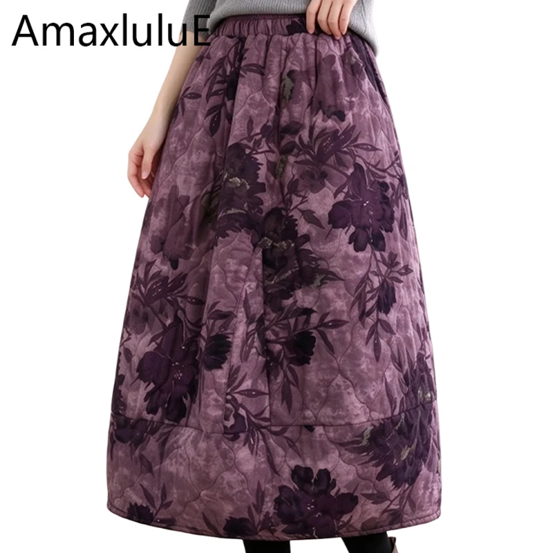 Amax LuluE Chinese Fashion Vintage Printed Padded Skirts Womens Classic Leisure A Line Clothes Ladies Casual Cotton Streetwear