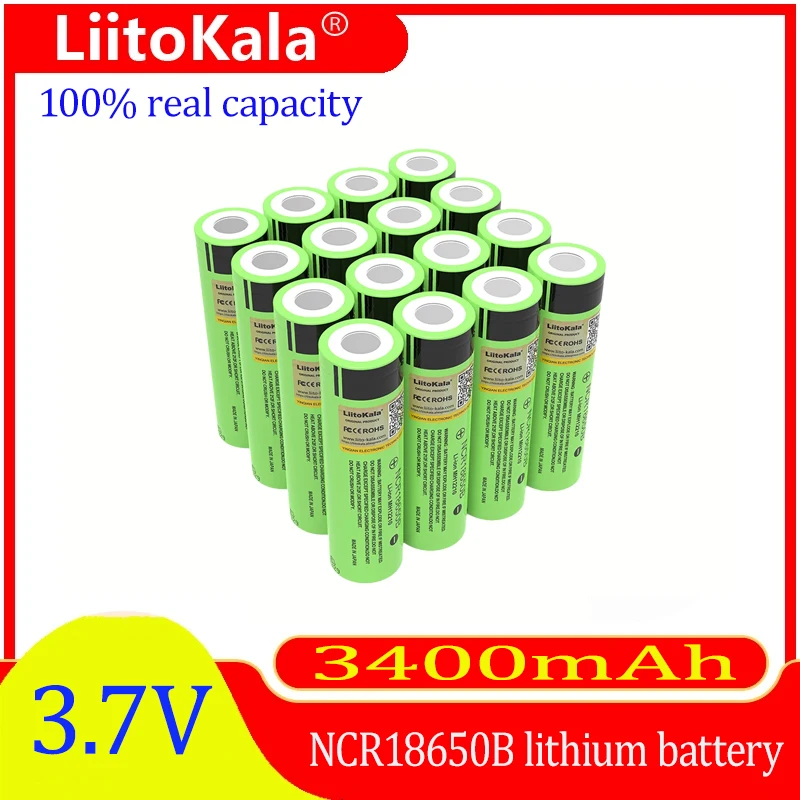 LiitoKala-Lithium Rechargeable Battery for Flashlight Batteries, Original NCR18650B 3.7V 3400mAh 18650, 4.2V