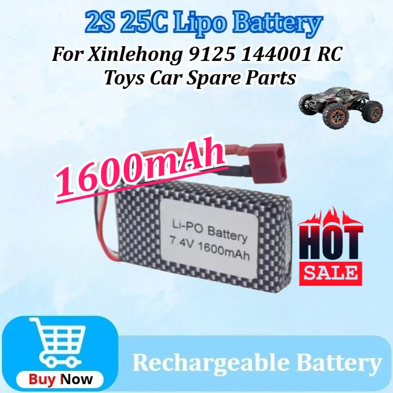 

New 7.4V 1600mAh 2S 25C Lipo Battery for Xinlehong 9125 144001 RC Toys Car Spare Parts Replacement Batteries with T Plug