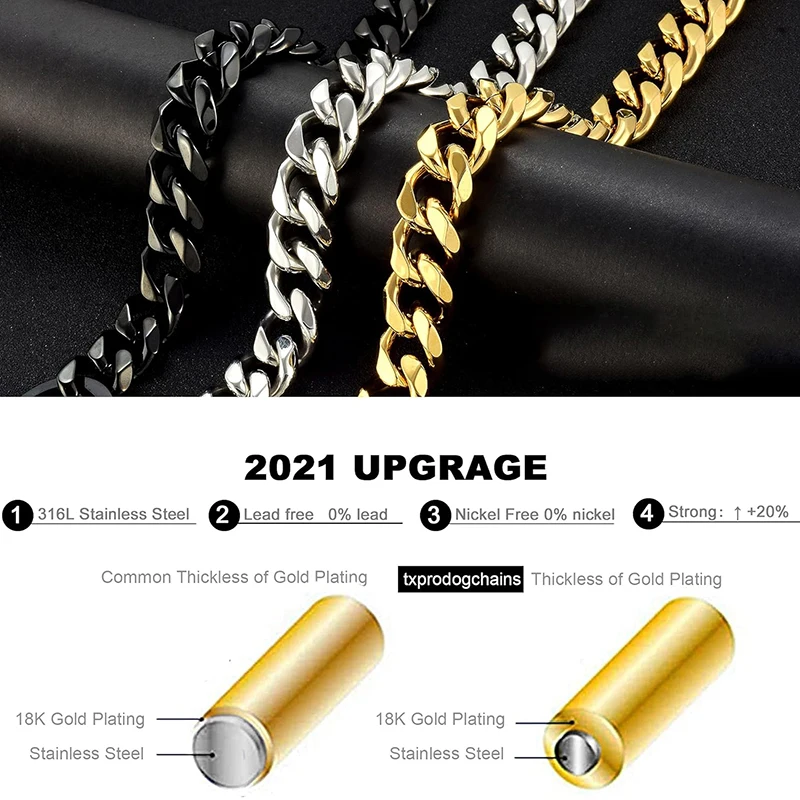 Cuban Link Dog Collar 15mm Strong Dog Collar Walking Chain 316L Stainless Steel Heavy Duty Slip Gold Collar for Medium Large Dog