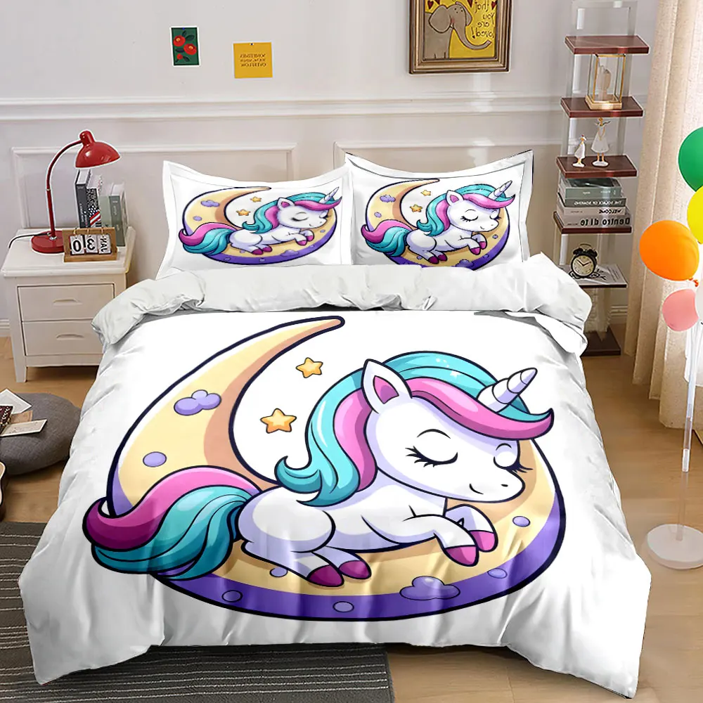 Dreamy Unicorn and Crescent Moon Printed Duvet Cover Set 1 Duvet Cover+2 Pillowcase Multi Size Bedroom Bedding Decoration