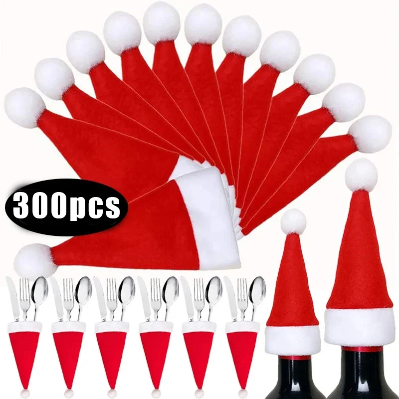 10-300pcs Christmas Cutlery Holder Covers Xmas Hat Tableware Bags For New Year Party Dinner Table Organizer Decoration Supplies