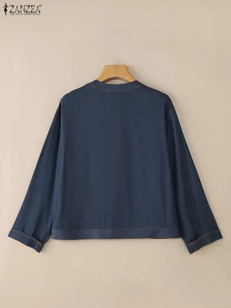 ZANZEA Kurtki damskie w stylu denim z kontrastowymi szwami, jesienne, lekkie, z długim rękawem, dekolt okrągły, zapinane na guziki, odzież wierzchnia, rozmiary S-3XL