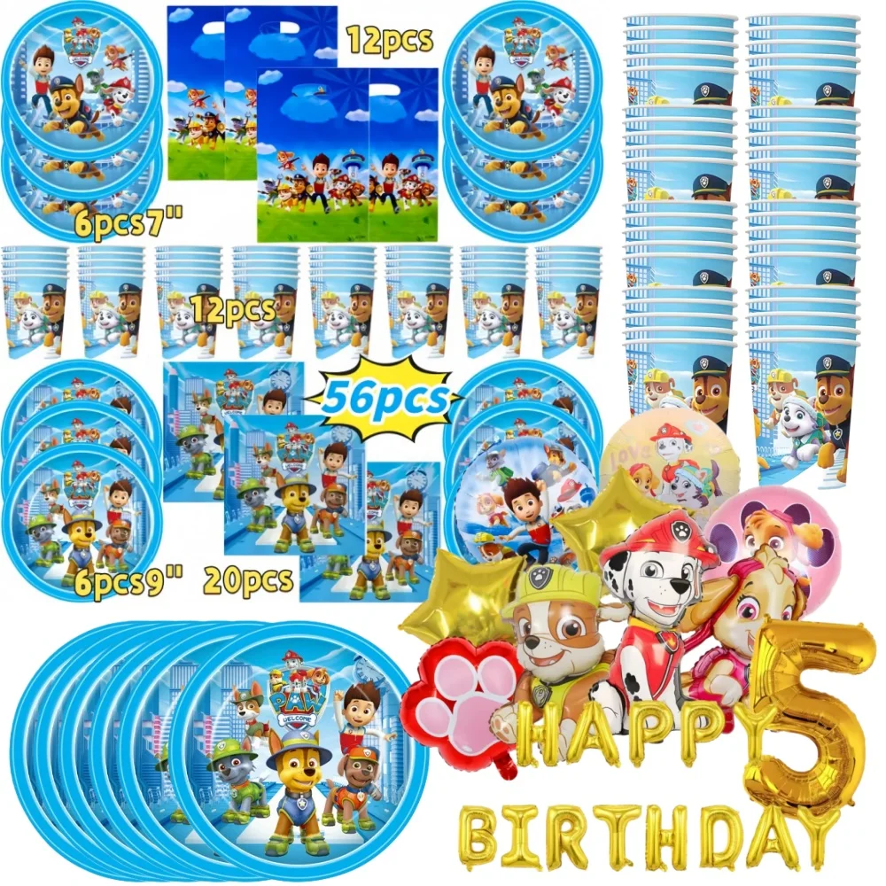Decoraciones para fiesta de cumpleaños de Paw Patrol, globos, vajilla, vasos de papel, platos, mantel, accesorios de decoración para fiesta para niño y niña