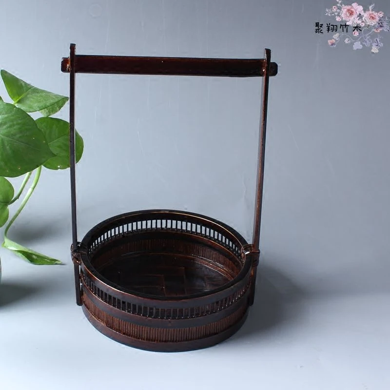 Storage Basket Dark Coffee Color Round Retro Bamboo Woven Portable Container Dried Tea Set Desktop Decoration Chinese Style 1Pc