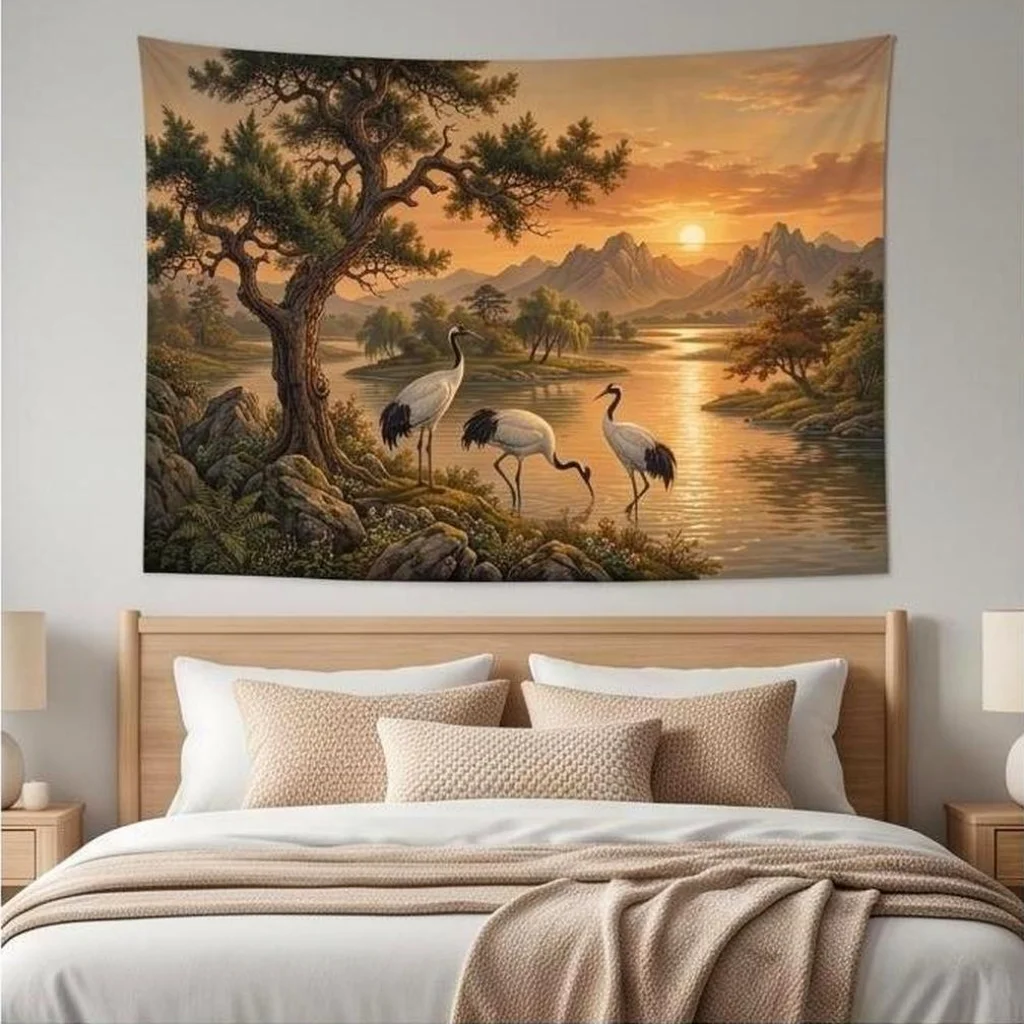 2D Flat Red Crowned Crane Tapestry, Sunset Pine Mountain River Landscape Print, Wall Hanging Decor for Bedroom Living Room