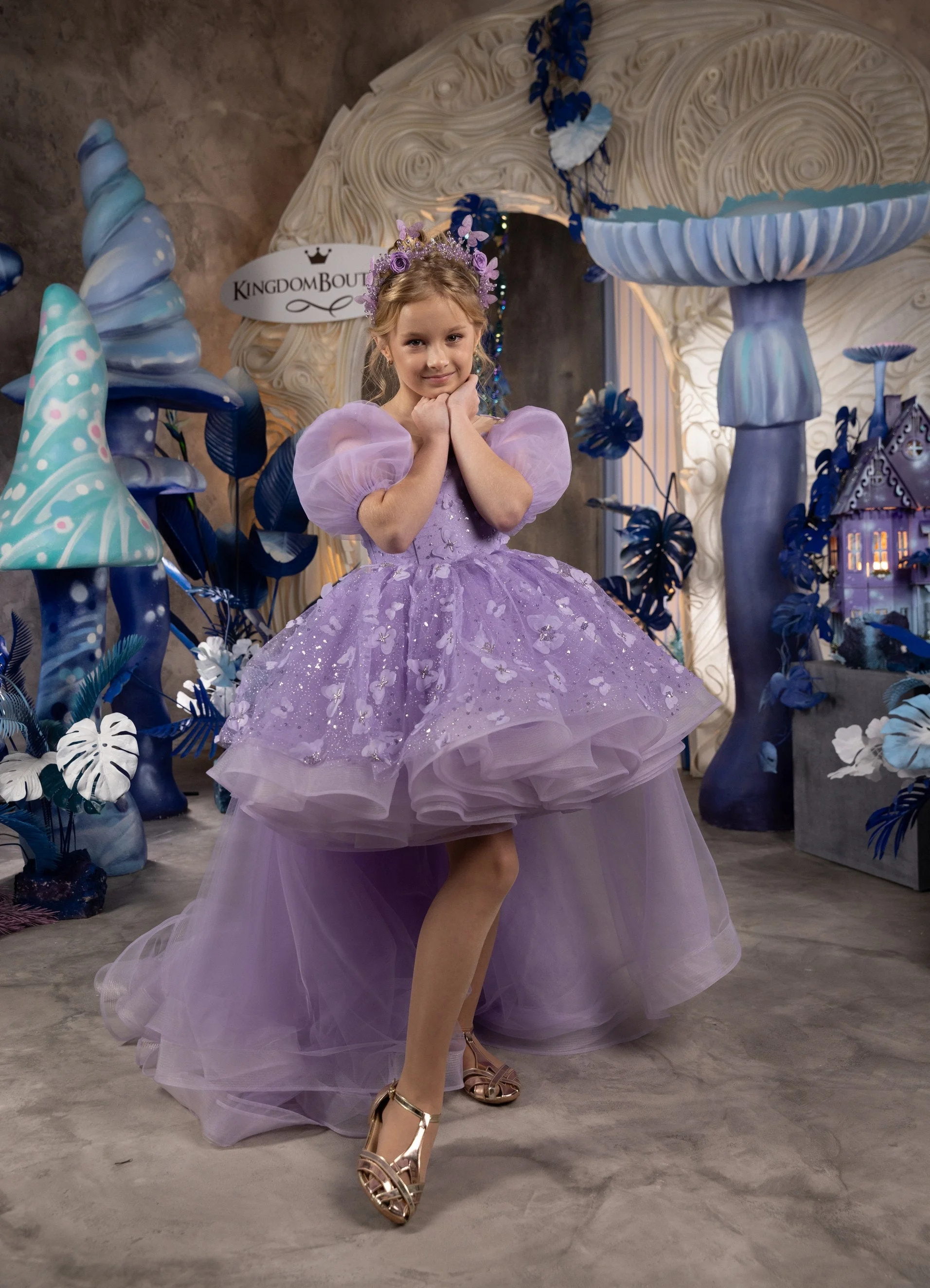 Vestido de niña de flores lila con mariposa 3D para boda, vestido de tul con flores para niña, vestidos de baile de primera comunión para fiesta de cumpleaños para niños