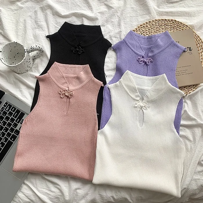 

Summer Chinese Style Solid Color Basic Ribbed Knitted Tank Top Women Causal Vintage Sleeveless Camis Girls Streetwear Tees D321