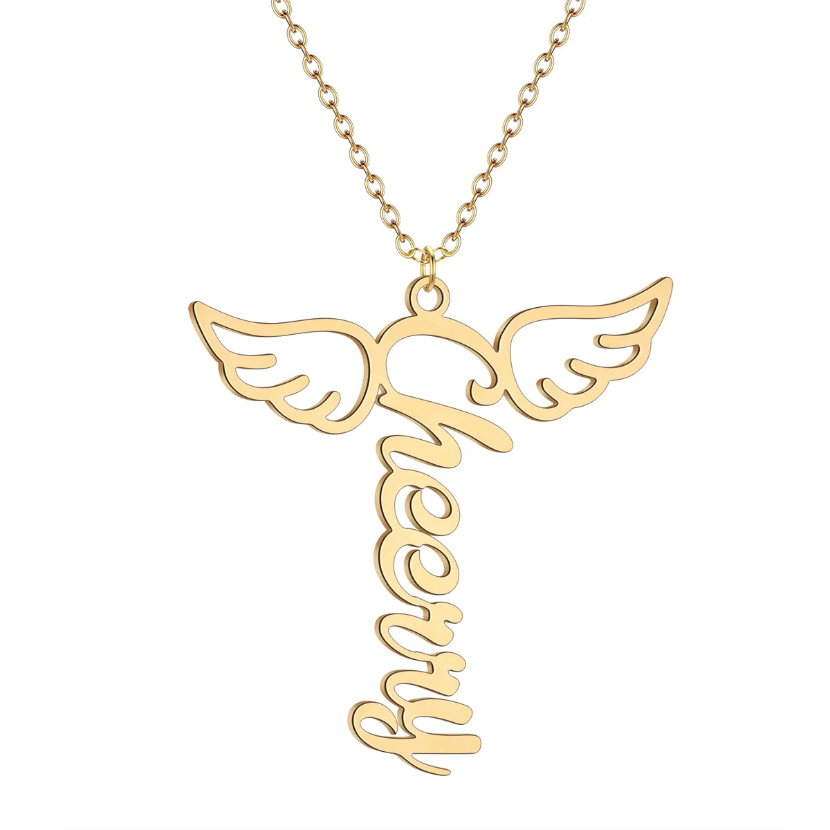 QIAMNI Custom Engraved Letters Angel Wing Pendant Necklace for Women Men Stainless Steel Customized Name Jewelry Choker Gift