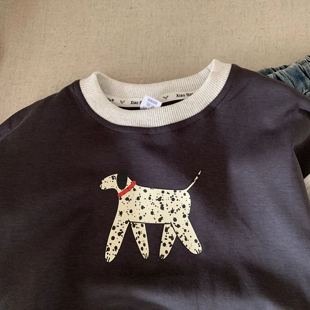 Childrens Top Spring and Autumn New Korean Loose Round Neck Cartoon Collar Hoodie Fashionable and Versatile for Daily Use