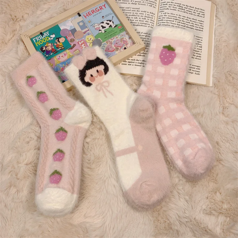 

Winter Women Thick Rabbit Fur Socks Warm Socks Floor Socks Plush Soft Breathable Pink Strawberry Girl Hosiery
