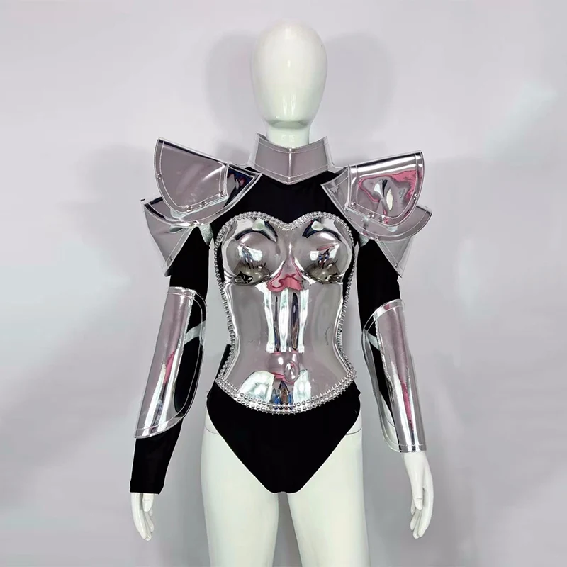 عرض فتاة الزي المستقبل تحسس الفضة درع ارتداءها راقصة المرحلة زي بولي Leather بذلة جلدية سحب الملكة الملابس كرنفال الهذيان
