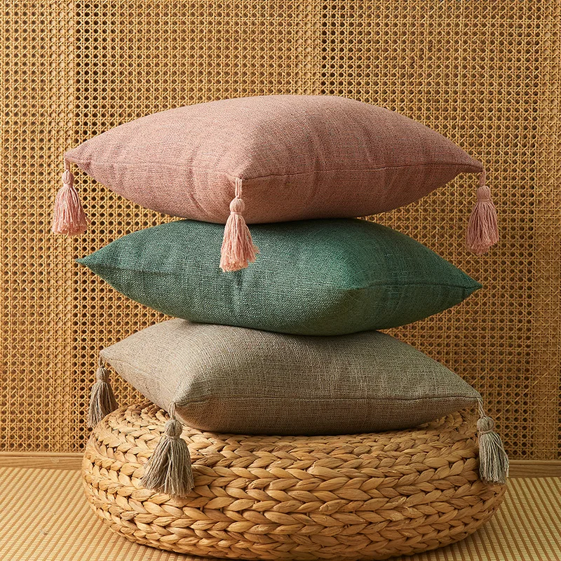 

Japanese Solid Color Cotton Cover 45X45 Linen Tassel Pillowcase Household Pillowcase Decorative Sofa Simple Pillow Case