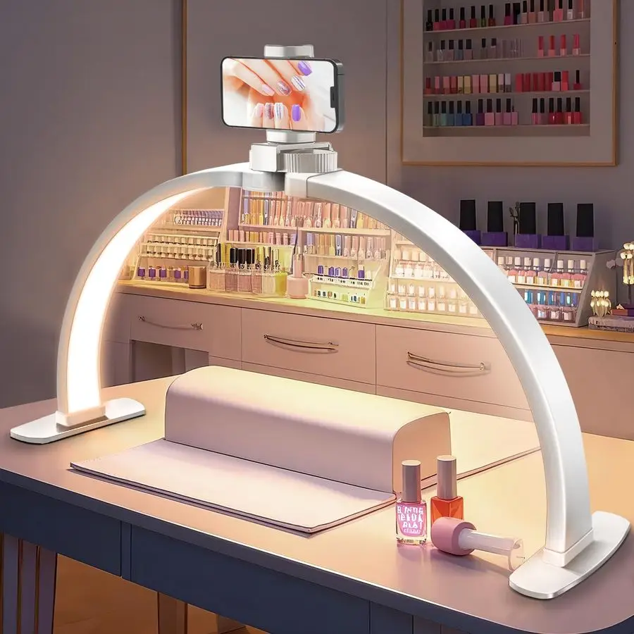 

Профессиональный светильник для маникюра Nail Half Moon Light 29 дюймов, устойчивый, с подставкой для телефона, 3 режима цвета света, 10 уровней регулировки яркости, для салонов
