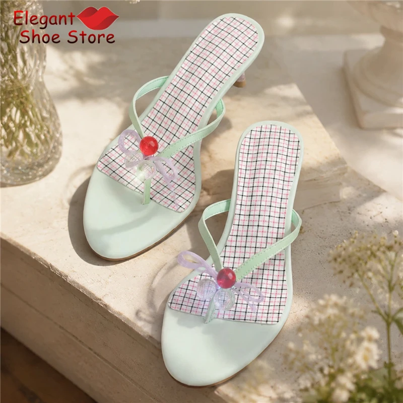 Mint Green Yellow Strap Flip Flops French Style Elegant Bow Plaid Clip Toe Kitten Heel Slippers Summer Sweet Girl Beach Shoes