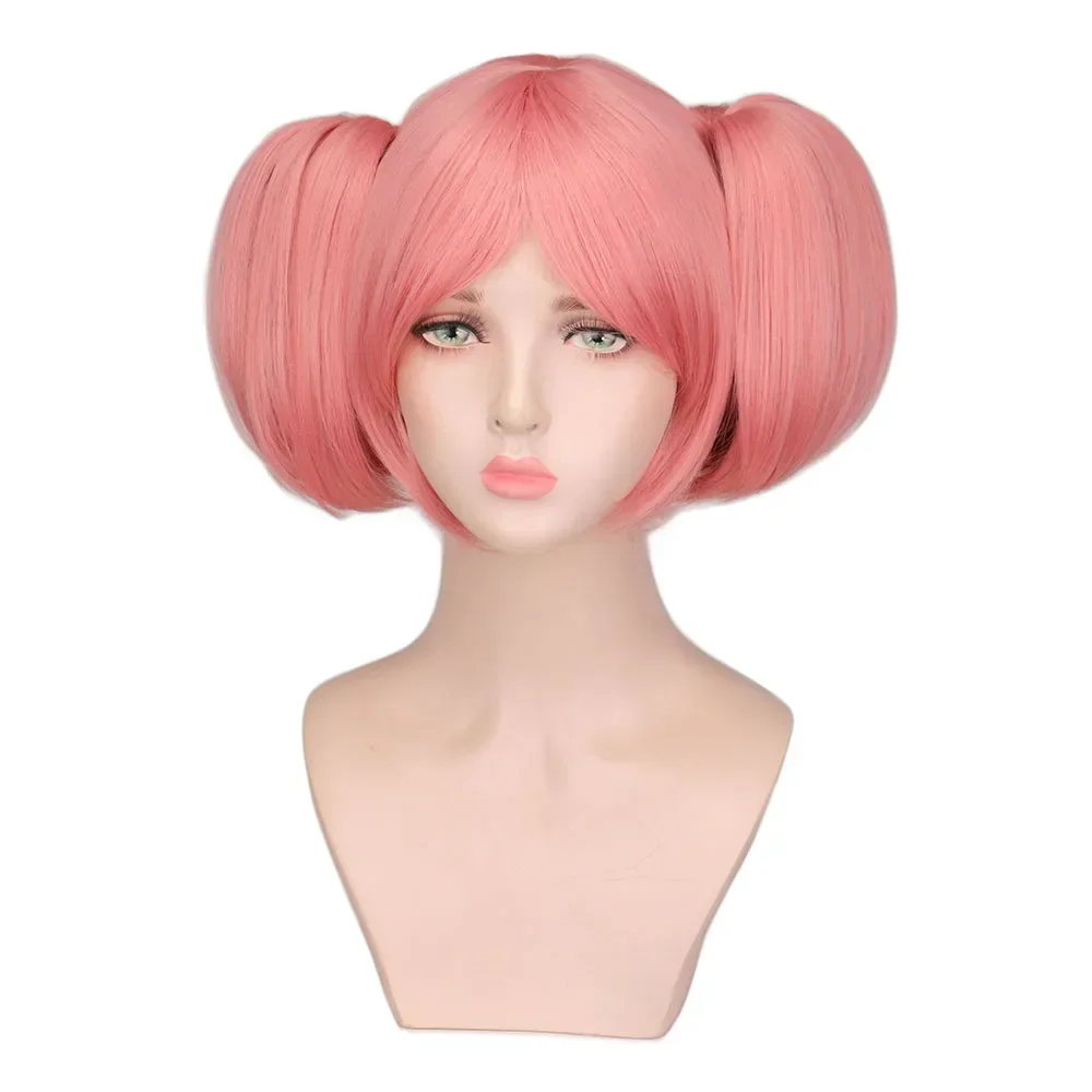 Anime Puella Magi Madoka Cosplay Wigs Magica Madoka Kaname Pink Synthetic Short Ponytails Heat Resistant Wigs for Halloween