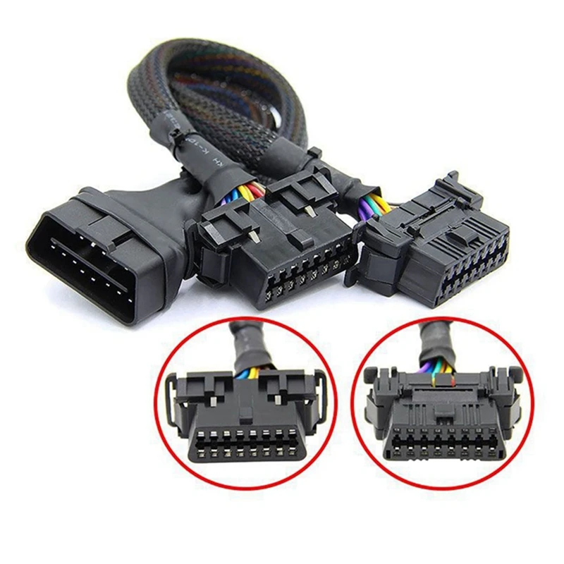 2PCS 2 In 1 OBD2 Extension Cable OBDII Male To 2 Female Splitter Car Computer Connection Conversion Plug Socket 30CM Replacement