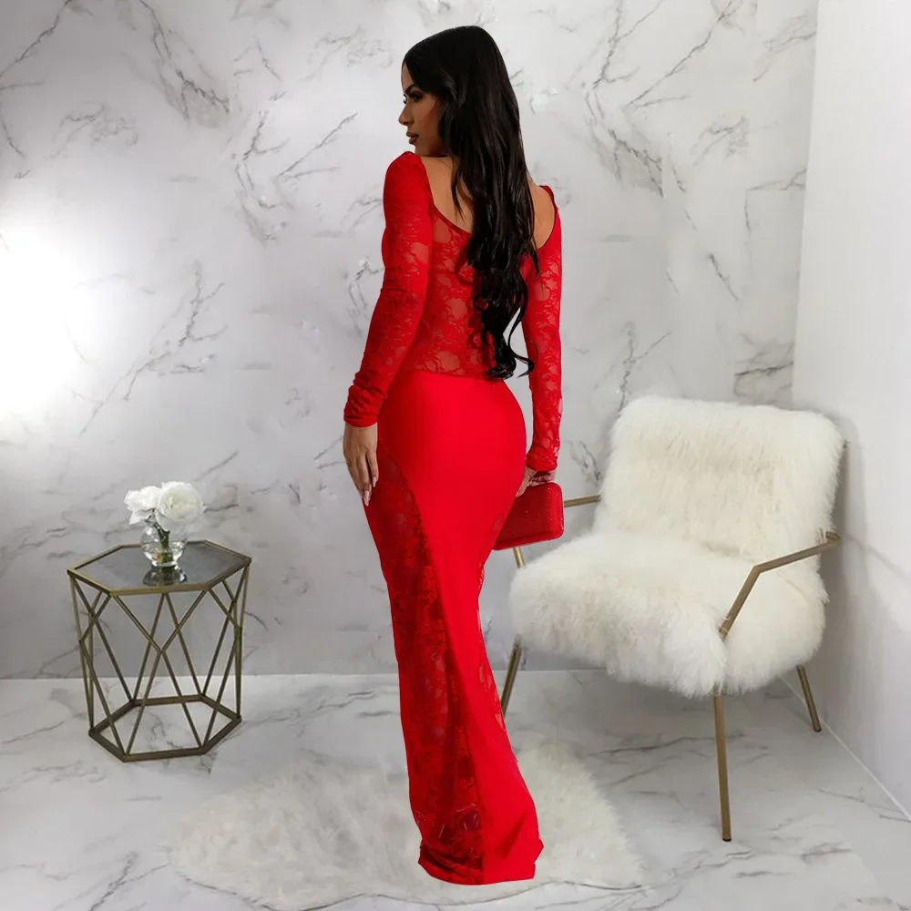 Robe de Soirée Longue en Dentelle pour Femme, Tenue de Bal Rouge, Dos auxavec Manches, Fleurs Froncées, Anniversaire