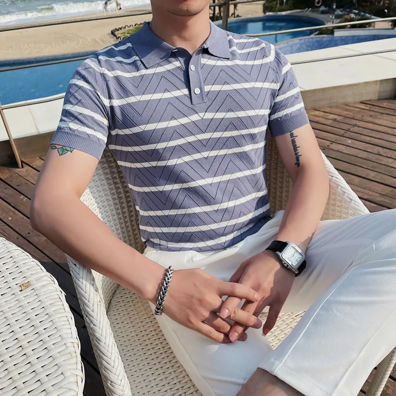 

2023 Summer Classic Stripe Knit POLO Shirt Men's Short Sleeve British Slim Polo Shirt Casual Business Polo T-shirts Men Clothing