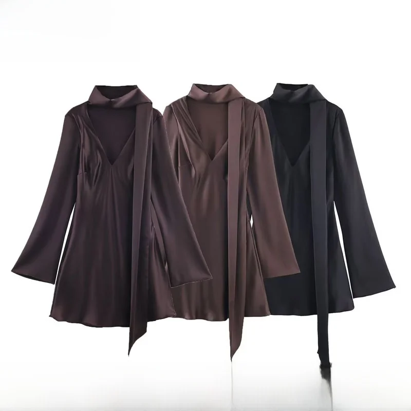 실크 새틴 느낌 스카프 V넥 여성용 가을 신상 스트레이트 컷 롱 스카프 출퇴근용