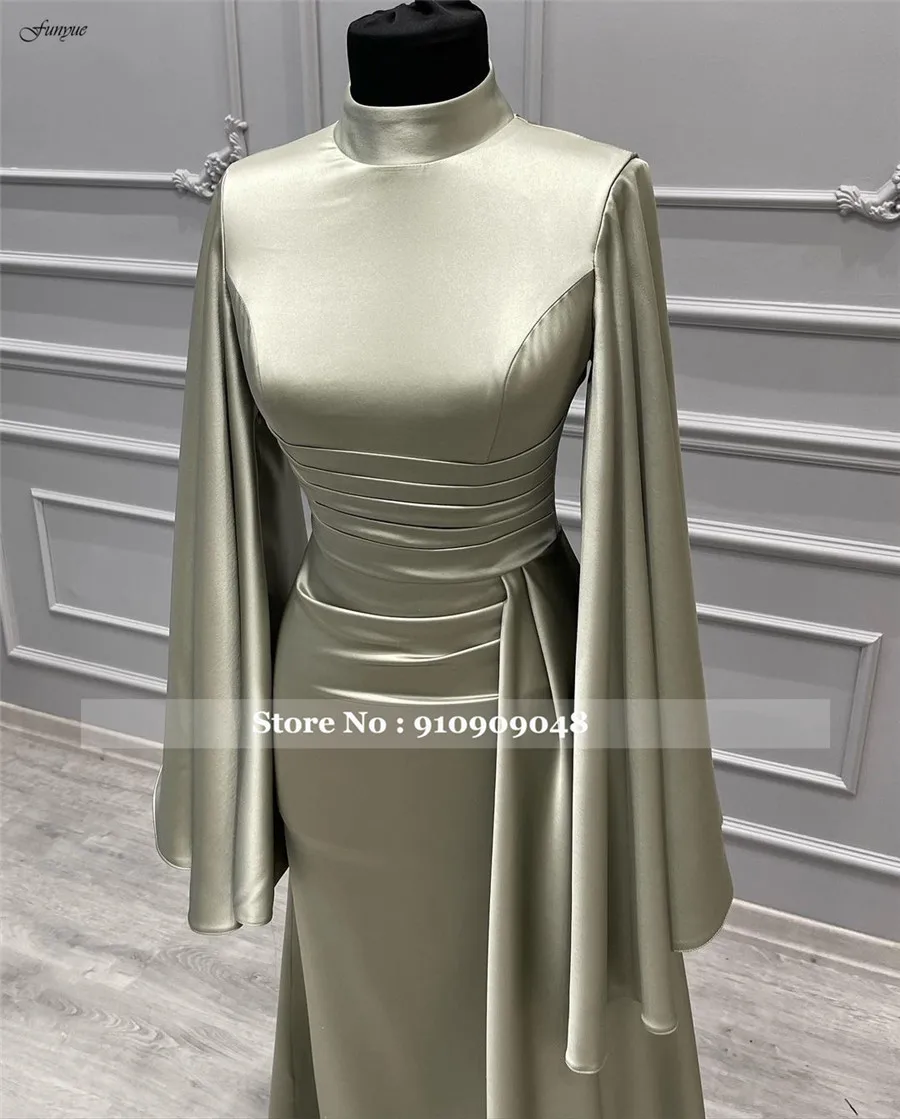 Funyue Elegant High Neck Long Sleeve Evening Gowns For Women Satin Pleated Formal Dress Mermaid Wedding Prom Party Dresses New