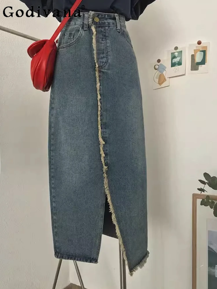 

Plus Size Retro Blue Women Spring Summer Split Denim Skirt Fashion Elastic Waist Irregular Leisure A-line Medium and Long Skirts