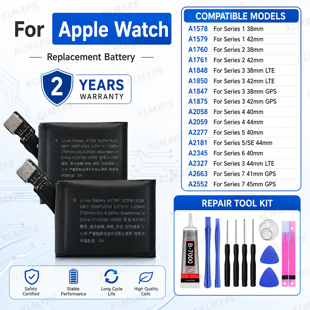 Replacement Battery For Apple Watch Series SE 1 2 3 4 5 6 7 S1-S7 38-45mm Repair Cell Kit DIY Spare High Performance