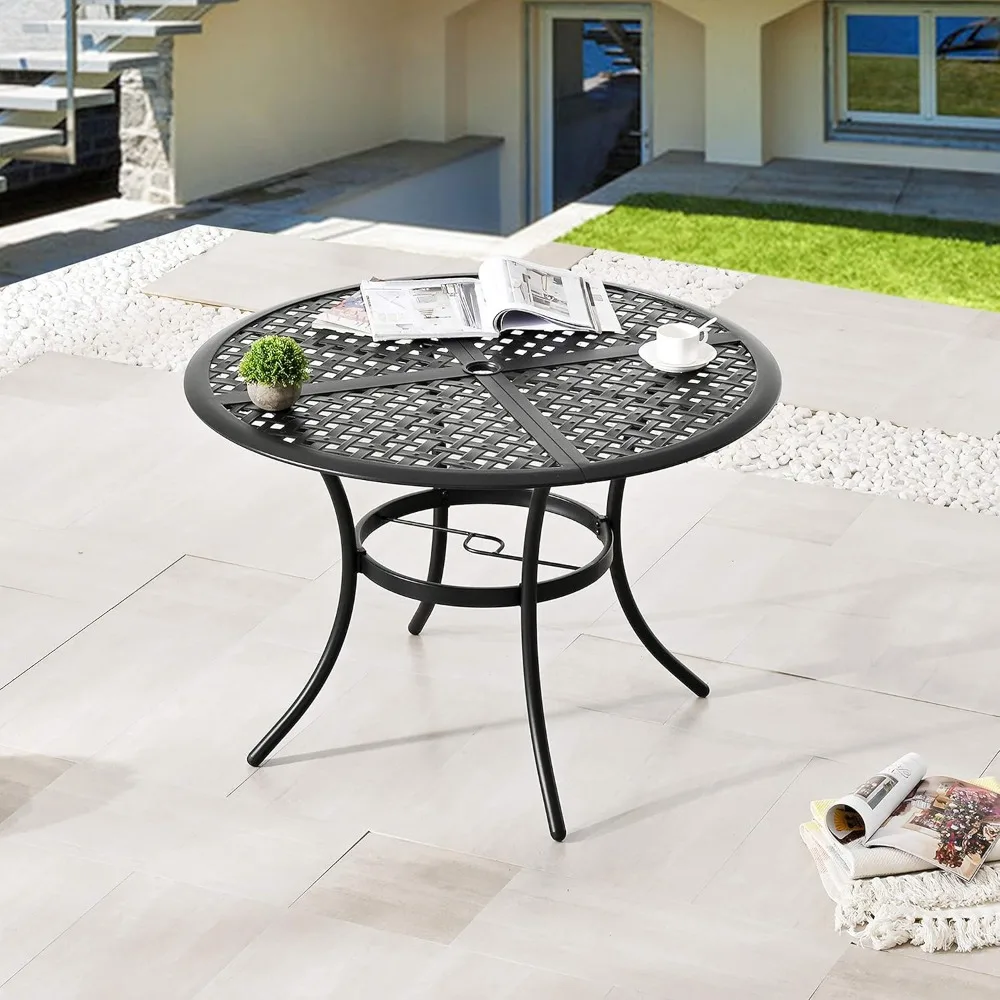 

42.1" Outdoor Round Cast Wrought Patio Metal Dining Table with Umbrella Hole, Steel Frame for Backyard Lawn Balcony Deck