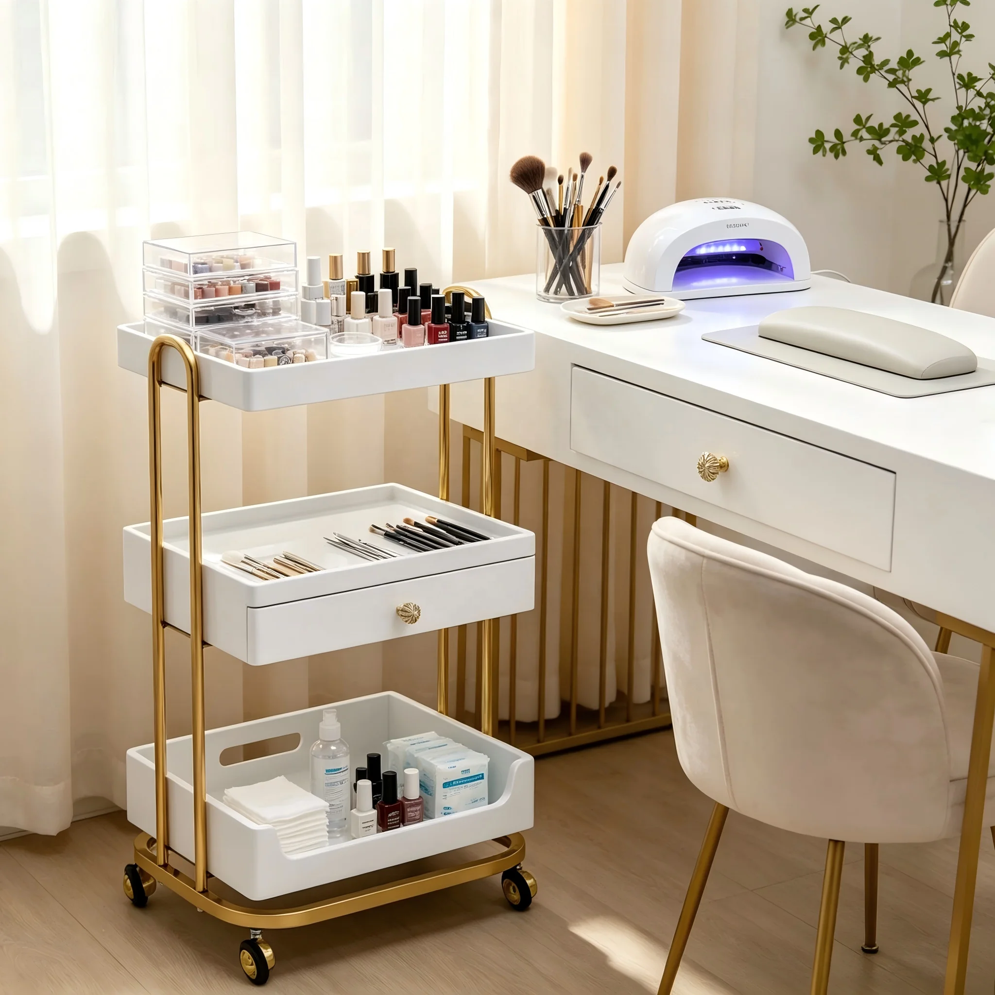 Luxury Light Style Mobile Beauty Salon Tool Trolley Large Capacity Multi-layer Nail Tool Storage Rolling Cart For Salon