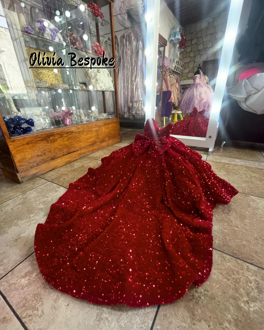 

Fantastic Red Velvet Sequin Flower Girls Dresses For Wedding Party With Bow Princess Girl's Birthday Prom Dress Customized