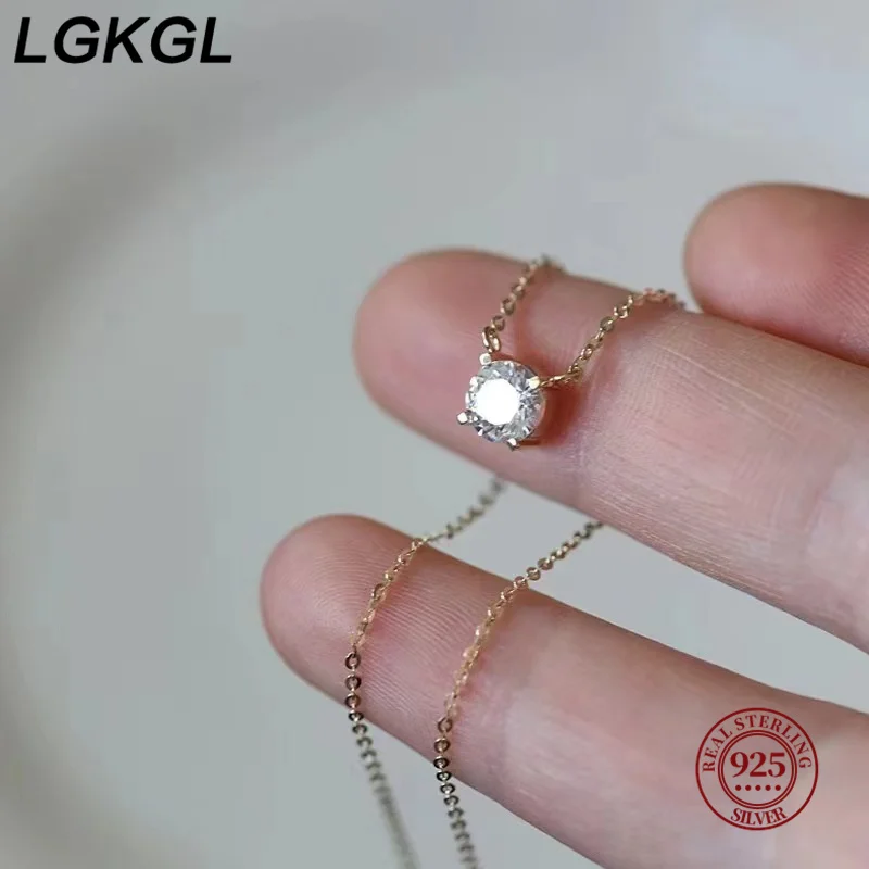 LGKGL-925 Sterling Silver 18K Banhado A Ouro Colares, Feminino Zircão Clavícula Cadeia, Versátil Único Espumante Colares, Coleiras De Casamento, 6mm