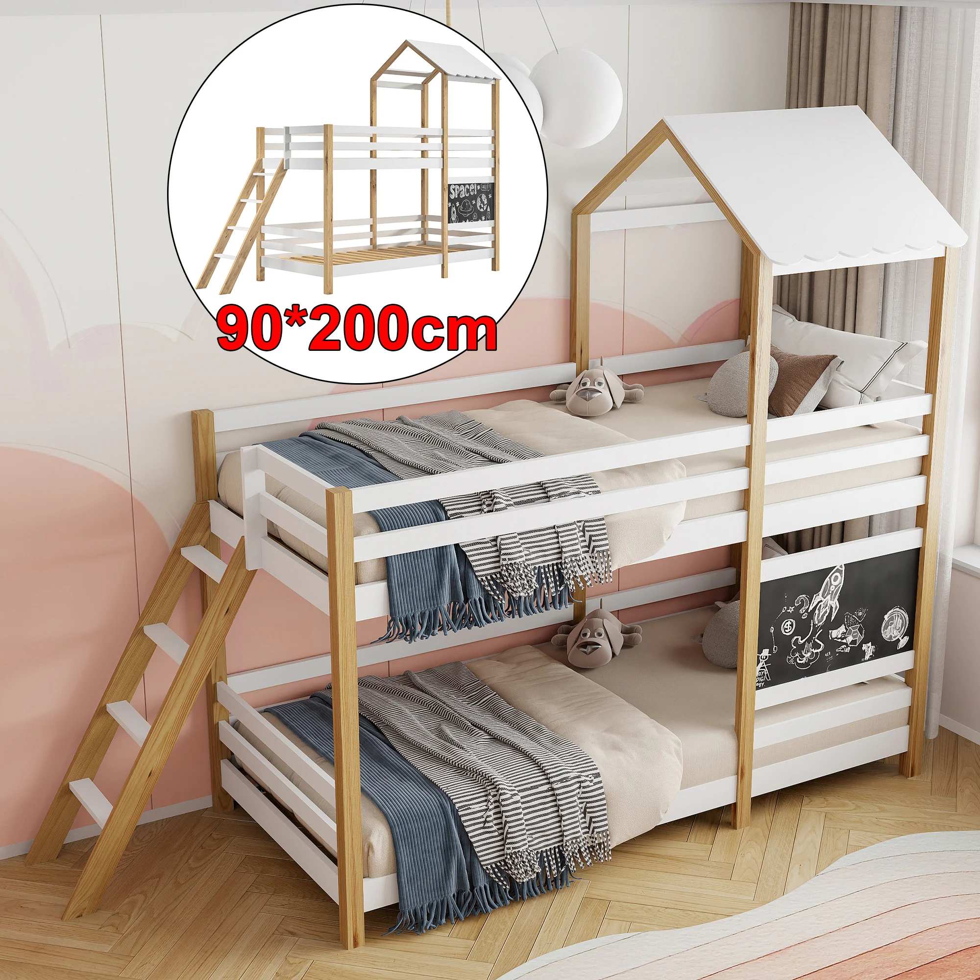 Children Bunk Bed 90x200cm,with Barrier Protection and Ladder and Blackboard,Solid Wood Bed,With Slatted Base,Bed Frame