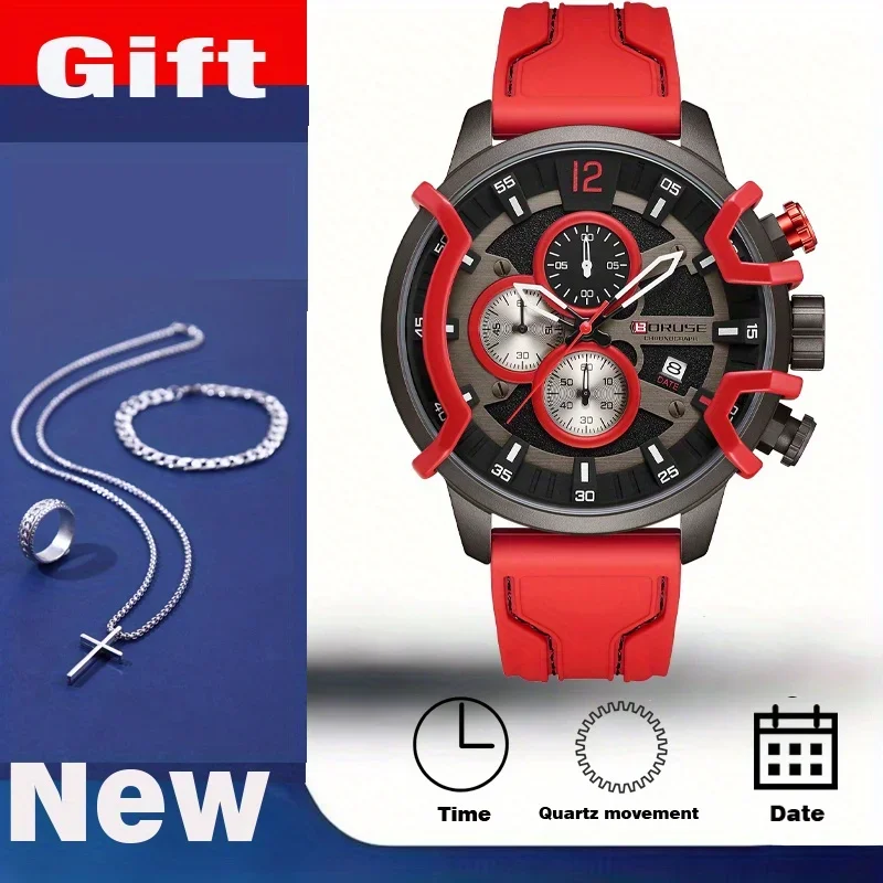 

[Набор из 4 шт. Силиконовые мужские часы и наборы ожерелья с крестом из 3 предметов] BORUSE Часы с деловым календарем, мужские модные часы