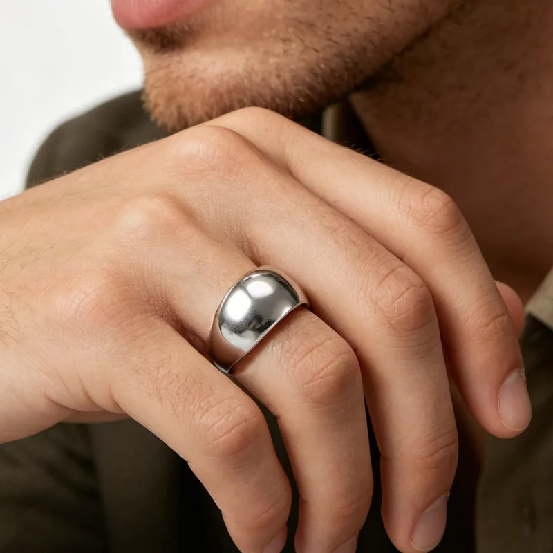 Minimal Dome‑shaped Silver Stainless Steel Ring, Highly Polished Smooth Wide Band, Solid‑build Finger Ornament For Men