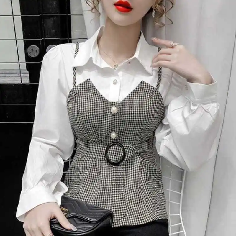 Women\'s Versatile Temperament Top 2023 Autumn and Winter New Fashion POLO Collar Splice Buttons Up Commuting Long Sleeved Shirt