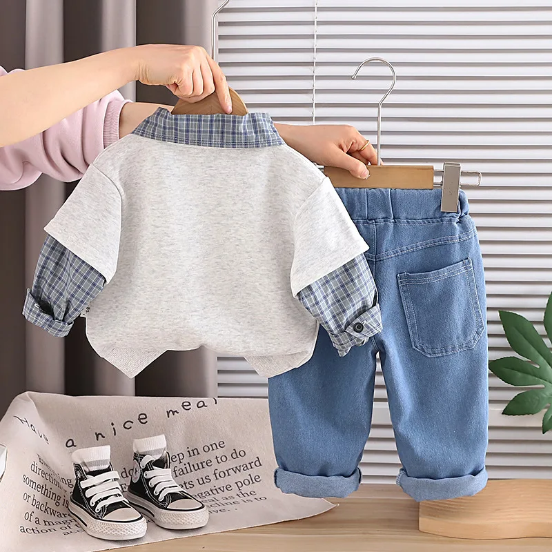 Korean Style Toddler Boys 2 Piece Spring Outfit Plaid Collar Bear Star Print Sweatshirt Pants Kids Daily Streetwear Matching Set