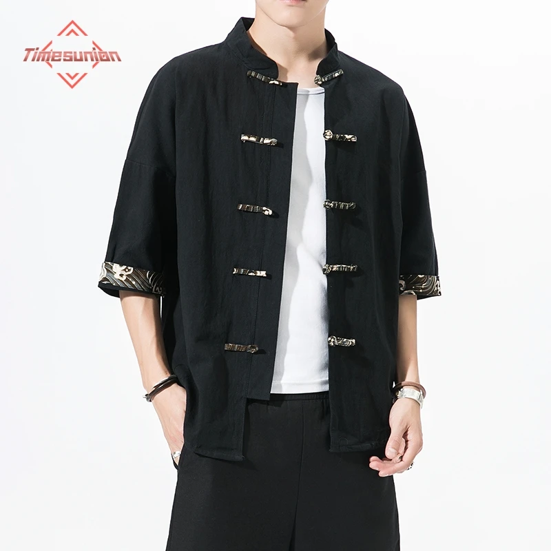 Kimono japonais chemise hommes chinois impression coton lin couture à manches courtes tops streetwear d'été hommes