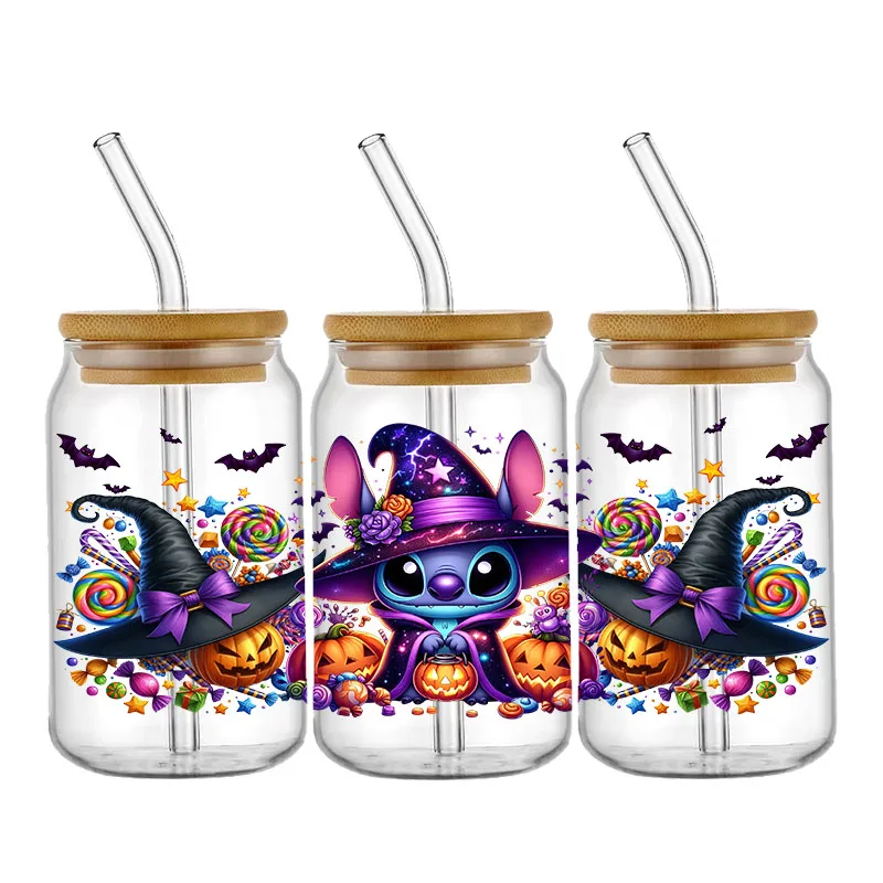 Disney Halloween Mickey Stitch UV DTF Cup Wraps Transfer Sticker For 16OZ Glass Libbey Can Bottle Selfadhesive Washable DIY