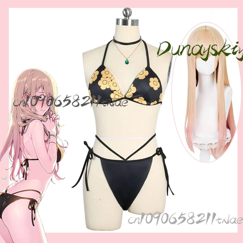 

My Dress-Up Darling Marin Kitagawa, купальник, косплей, сексуальный аниме-бикини, парик, летняя пляжная вечеринка/Хэллоуин, 2025 г., розовый градиент, версия