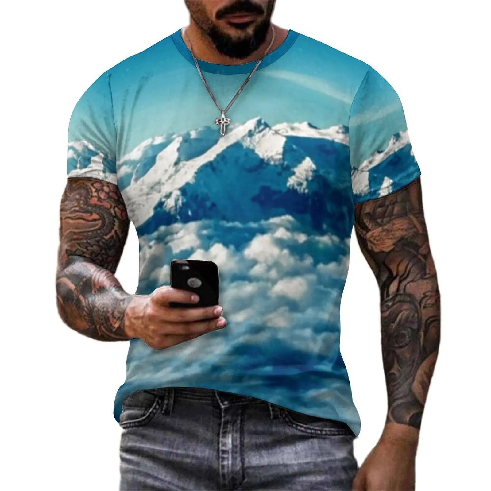 Summer T Shirt Himalayas Mountain T-Shirts Blue Sky Print Casual Novelty Tees For Men Short-Sleeved Pattern Oversized Tops
