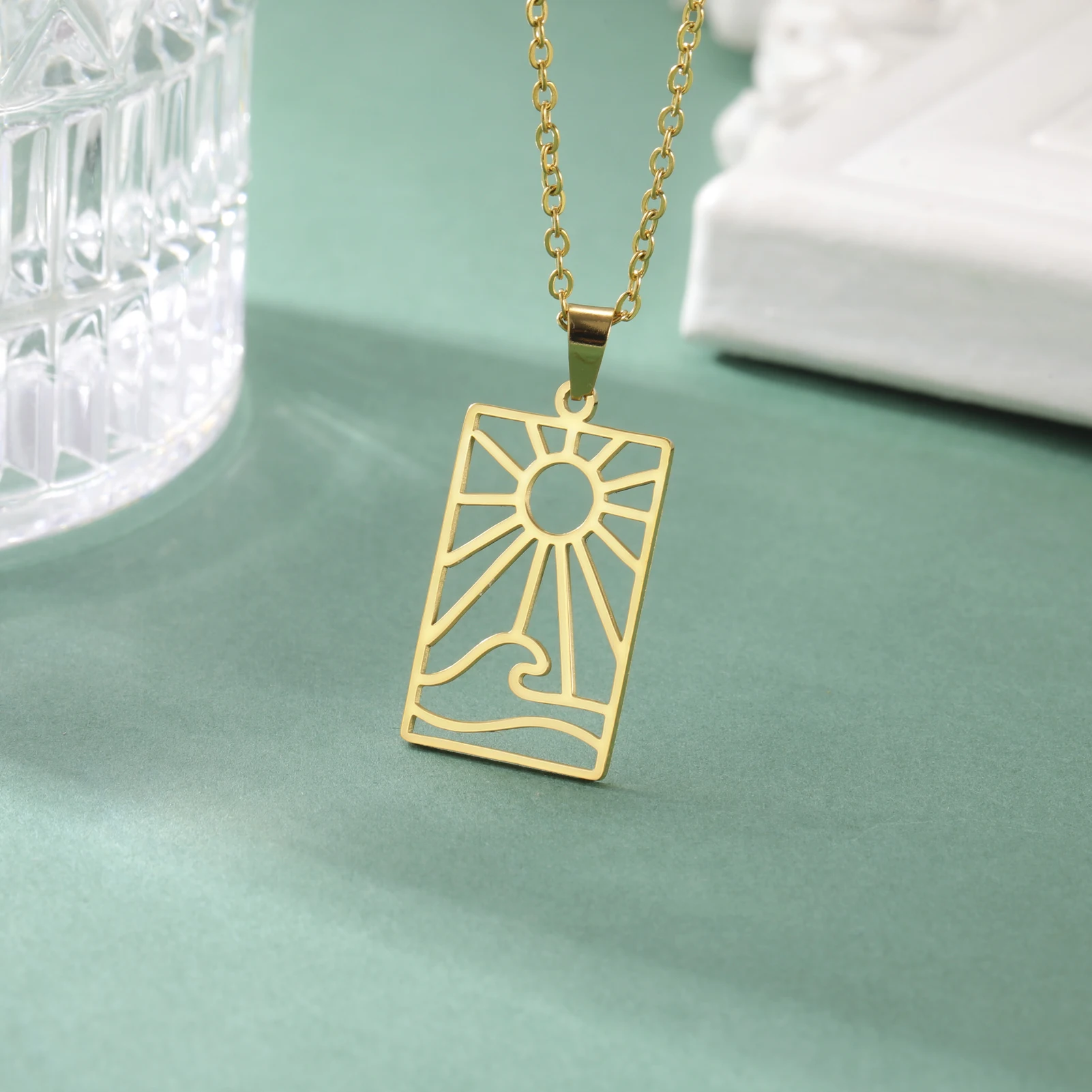 Unift Sea Wave Sun Necklaces for Women Stainless Steel Square Pendant Summer Vocation Minimalist Trendy Beach Jewelry Party Gifr