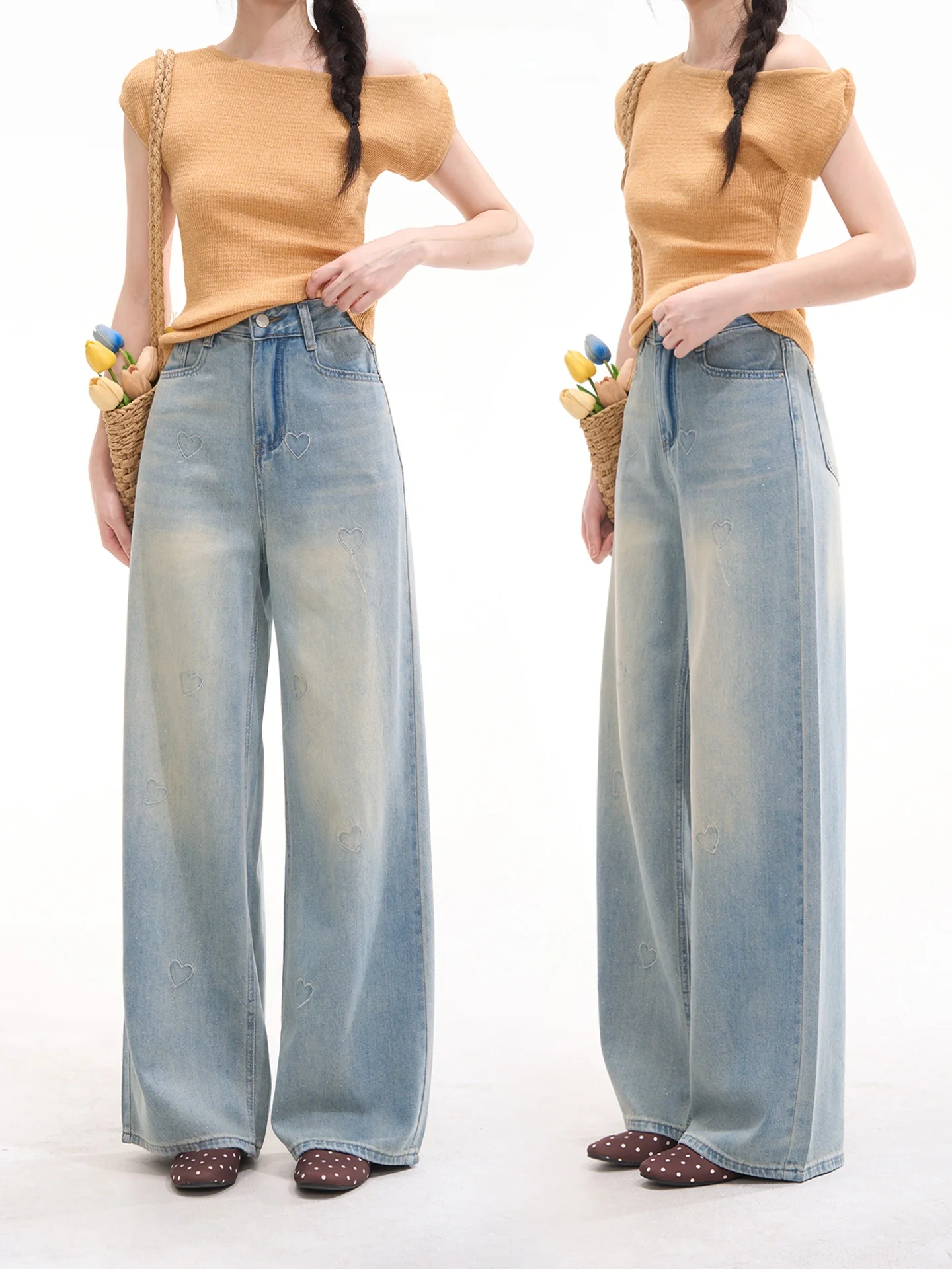 

Женские джинсы свободного кроя из хлопка с вышивкой в виде сердца и блестящими пайетками, прямые джинсовые брюки в милом стиле Heme, весна-лето