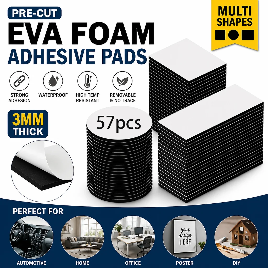 57-piece heavy-duty EVA foam double-sided adhesive pads - 3mm thick pre-cut in multiple shapes (square/circle/rectangle), removable, waterproof, high-temperature resistant, strong adhesive, suitable for cars, walls, home, office, posters, DIY decoration,