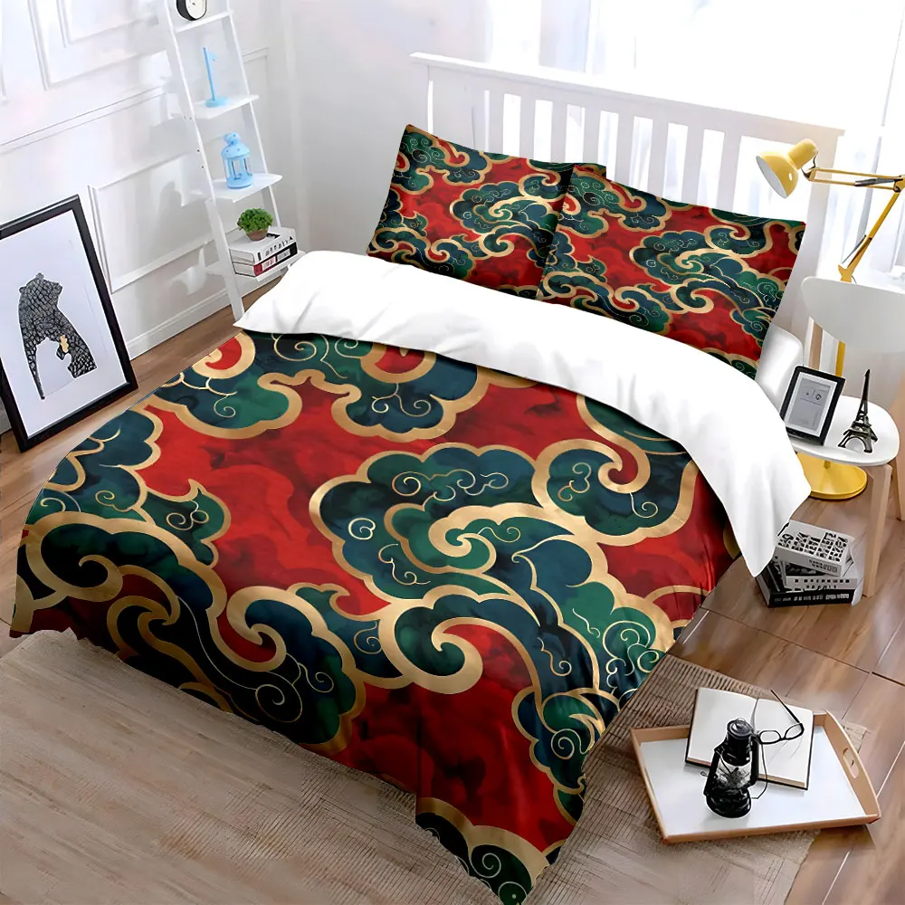 3Pcs Chinese Golden Outline Cloud Duvet Cover Set, Red Base Traditional Auspicious Bedding Single Double King Queen, Gift