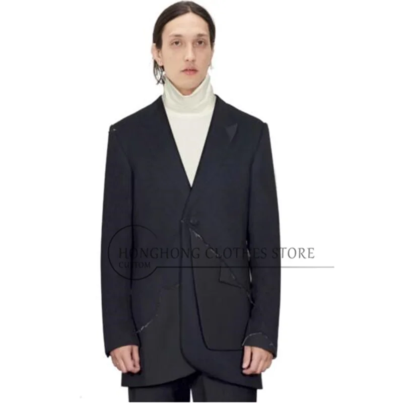 Black irregular deconstructed patchwork design men's suit. High-quality simple and fashionable wool coat.