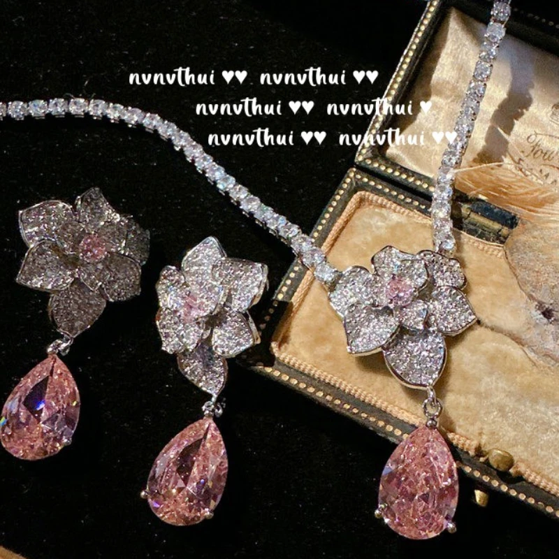 Romantic Elegant Water Drop Flower Necklace Earrings Women Shine Pink Cubic Zirconia 925 Silver Color Wedding Bridal Jewelry Set